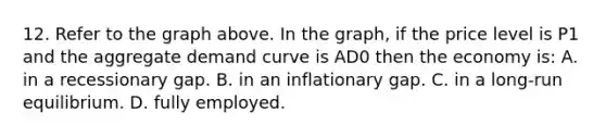 12. Refer to the graph above. In the graph, if the price level is P1 and the aggregate demand curve is AD0 then the economy is: A. in a recessionary gap. B. in an inflationary gap. C. in a long-run equilibrium. D. fully employed.