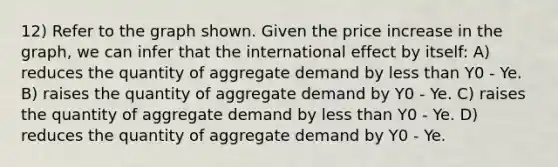 12) Refer to the graph shown. Given the price increase in the graph, we can infer that the international effect by itself: A) reduces the quantity of aggregate demand by <a href='https://www.questionai.com/knowledge/k7BtlYpAMX-less-than' class='anchor-knowledge'>less than</a> Y0 - Ye. B) raises the quantity of aggregate demand by Y0 - Ye. C) raises the quantity of aggregate demand by less than Y0 - Ye. D) reduces the quantity of aggregate demand by Y0 - Ye.