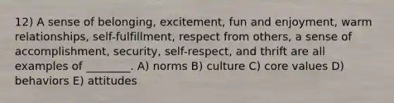 12) A sense of belonging, excitement, fun and enjoyment, warm relationships, self-fulfillment, respect from others, a sense of accomplishment, security, self-respect, and thrift are all examples of ________. A) norms B) culture C) core values D) behaviors E) attitudes