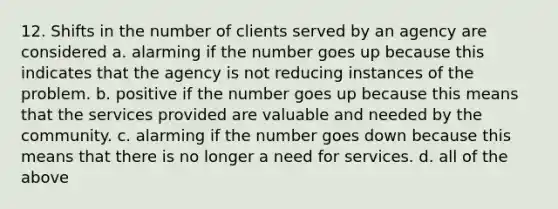 12. Shifts in the number of clients served by an agency are considered a. alarming if the number goes up because this indicates that the agency is not reducing instances of the problem. b. positive if the number goes up because this means that the services provided are valuable and needed by the community. c. alarming if the number goes down because this means that there is no longer a need for services. d. all of the above