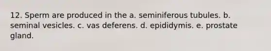 12. Sperm are produced in the a. seminiferous tubules. b. seminal vesicles. c. vas deferens. d. epididymis. e. prostate gland.