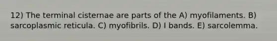 12) The terminal cisternae are parts of the A) myofilaments. B) sarcoplasmic reticula. C) myofibrils. D) I bands. E) sarcolemma.