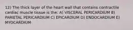 12) The thick layer of the heart wall that contains contractile cardiac muscle tissue is the: A) VISCERAL PERICARDIUM B) PARIETAL PERICARDIUM C) EPICARDIUM D) ENDOCARDIUM E) MYOCARDIUM