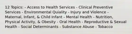 12 Topics: - Access to Health Services - Clinical Preventive Services - Environmental Quiality - Injury and Violence - Maternal, Infant, & Child Infant - Mental Health - Nutrition, Physical Activity, & Obesity - Oral Health - Reproductive & Sexual Health - Social Determinants - Substance Abuse - Tobacco