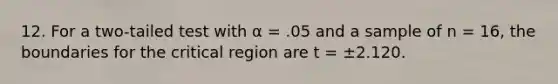 12. For a two-tailed test with α = .05 and a sample of n = 16, the boundaries for the critical region are t = ±2.120.