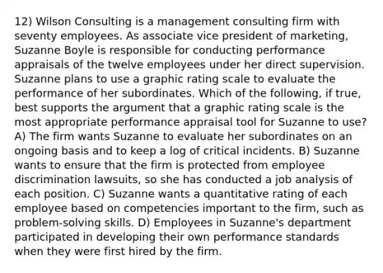 12) Wilson Consulting is a management consulting firm with seventy employees. As associate vice president of marketing, Suzanne Boyle is responsible for conducting performance appraisals of the twelve employees under her direct supervision. Suzanne plans to use a graphic rating scale to evaluate the performance of her subordinates. Which of the following, if true, best supports the argument that a graphic rating scale is the most appropriate performance appraisal tool for Suzanne to use? A) The firm wants Suzanne to evaluate her subordinates on an ongoing basis and to keep a log of critical incidents. B) Suzanne wants to ensure that the firm is protected from employee discrimination lawsuits, so she has conducted a job analysis of each position. C) Suzanne wants a quantitative rating of each employee based on competencies important to the firm, such as problem-solving skills. D) Employees in Suzanne's department participated in developing their own performance standards when they were first hired by the firm.