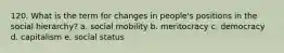 120. What is the term for changes in people's positions in the social hierarchy? a. social mobility b. meritocracy c. democracy d. capitalism e. social status