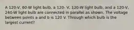 A 120-V, 60-W light bulb, a 120- V, 120-W light bulb, and a 120-V, 240-W light bulb are connected in parallel as shown. The voltage between points a and b is 120 V. Through which bulb is the largest current?