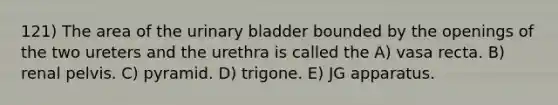 121) The area of the <a href='https://www.questionai.com/knowledge/kb9SdfFdD9-urinary-bladder' class='anchor-knowledge'>urinary bladder</a> bounded by the openings of the two ureters and the urethra is called the A) vasa recta. B) renal pelvis. C) pyramid. D) trigone. E) JG apparatus.