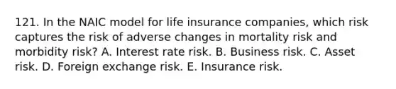 121. In the NAIC model for life insurance companies, which risk captures the risk of adverse changes in mortality risk and morbidity risk? A. Interest rate risk. B. Business risk. C. Asset risk. D. Foreign exchange risk. E. Insurance risk.