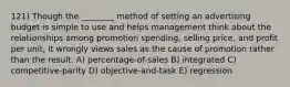 121) Though the ________ method of setting an advertising budget is simple to use and helps management think about the relationships among promotion spending, selling price, and profit per unit, it wrongly views sales as the cause of promotion rather than the result. A) percentage-of-sales B) integrated C) competitive-parity D) objective-and-task E) regression