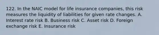 122. In the NAIC model for life insurance companies, this risk measures the liquidity of liabilities for given rate changes. A. Interest rate risk B. Business risk C. Asset risk D. Foreign exchange risk E. Insurance risk