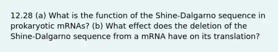 12.28 (a) What is the function of the Shine-Dalgarno sequence in prokaryotic mRNAs? (b) What effect does the deletion of the Shine-Dalgarno sequence from a mRNA have on its translation?