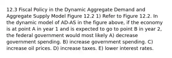 12.3 Fiscal Policy in the Dynamic Aggregate Demand and Aggregate Supply Model Figure 12.2 1) Refer to Figure 12.2. In the dynamic model of AD-AS in the figure above, if the economy is at point A in year 1 and is expected to go to point B in year 2, the federal government would most likely A) decrease government spending. B) increase government spending. C) increase oil prices. D) increase taxes. E) lower interest rates.