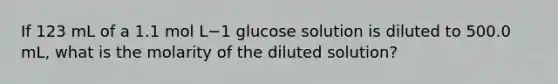 If 123 mL of a 1.1 mol L−1 glucose solution is diluted to 500.0 mL, what is the molarity of the diluted solution?