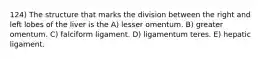 124) The structure that marks the division between the right and left lobes of the liver is the A) lesser omentum. B) greater omentum. C) falciform ligament. D) ligamentum teres. E) hepatic ligament.