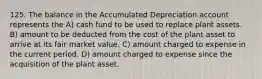 125. The balance in the Accumulated Depreciation account represents the A) cash fund to be used to replace plant assets. B) amount to be deducted from the cost of the plant asset to arrive at its fair market value. C) amount charged to expense in the current period. D) amount charged to expense since the acquisition of the plant asset.