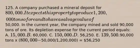 125. A company purchased a mineral deposit for 800,000. It expects this property to produce 1,200,000 tons of ore and to have a salvage value of50,000. In the current year, the company mined and sold 90,000 tons of ore. Its depletion expense for the current period equals: A. 15,000. B. 60,000. C. 150,000. D. 56,250. E. 139,500.90,000 tons x (800,000 -50,000/1,200,000) = 56,250