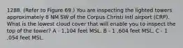 1288. (Refer to Figure 69.) You are inspecting the lighted towers approximately 8 NM SW of the Corpus Christi Intl airport (CRP). What is the lowest cloud cover that will enable you to inspect the top of the tower? A - 1,104 feet MSL. B - 1 ,604 feet MSL. C - 1 ,054 feet MSL.