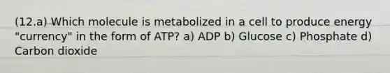 (12.a) Which molecule is metabolized in a cell to produce energy "currency" in the form of ATP? a) ADP b) Glucose c) Phosphate d) Carbon dioxide