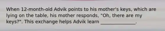 When 12-month-old Advik points to his mother's keys, which are lying on the table, his mother responds, "Oh, there are my keys?". This exchange helps Advik learn _______________.