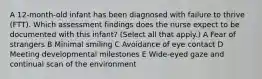 A 12-month-old infant has been diagnosed with failure to thrive (FTT). Which assessment findings does the nurse expect to be documented with this infant? (Select all that apply.) A Fear of strangers B Minimal smiling C Avoidance of eye contact D Meeting developmental milestones E Wide-eyed gaze and continual scan of the environment