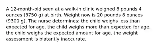 A 12-month-old seen at a walk-in clinic weighed 8 pounds 4 ounces (3750 g) at birth. Weight now is 20 pounds 8 ounces (9300 g). The nurse determines: the child weighs less than expected for age. the child weighs more than expected for age. the child weighs the expected amount for age. the weight assessment is blatantly inaccurate.