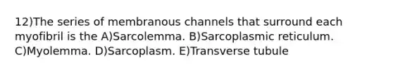 12)The series of membranous channels that surround each myofibril is the A)Sarcolemma. B)Sarcoplasmic reticulum. C)Myolemma. D)Sarcoplasm. E)Transverse tubule