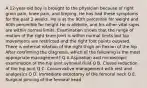 A 12-year-old boy is brought to the physician because of right groin pain, knee pain, and limping. He has had these symptoms for the past 2 weeks. He is at the 90th percentile for weight and 60th percentile for height He is afebrile, and his other vital signs are within normal limits. Examination shows that the range of motion of the right knee joint is within normal limits but hip movements are restricted and the right foot points outward. There is external rotation of the right thigh on flexion of the hip After confirming the diagnosis, which of the following is the most appropriate management? Q A Aspiration and microscopic examination of the hip joint synovial fluid Q B. Closed reduction of the hip joint Q C. Conservative management with rest and analgesics Q D. Immediate osteotomy of the femoral neck Q E. Surgical pinning of the femoral head