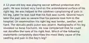 A 12-year-old boy was playing soccer without protective shin pads. He was kicked very hard on the anterolateral surface of his right leg. He was helped to the sidelines complaining of pain in his leg. Later he was said that his foot was numb. Several hours later the pain was so severe that his parents took him to the hospital. On examination his right leg was tender, swollen, and hard. The dorsalis pedis pulse was absent. Radiographs of his leg revealed no bone fractures. He now complained that he could not dorsiflex the toes of his right foot. Which of the following statements completely describes the most likely cause of the swelling and pain in the boy's leg?