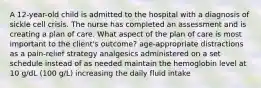 A 12-year-old child is admitted to the hospital with a diagnosis of sickle cell crisis. The nurse has completed an assessment and is creating a plan of care. What aspect of the plan of care is most important to the client's outcome? age-appropriate distractions as a pain-relief strategy analgesics administered on a set schedule instead of as needed maintain the hemoglobin level at 10 g/dL (100 g/L) increasing the daily fluid intake