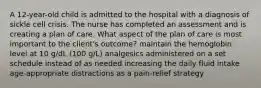 A 12-year-old child is admitted to the hospital with a diagnosis of sickle cell crisis. The nurse has completed an assessment and is creating a plan of care. What aspect of the plan of care is most important to the client's outcome? maintain the hemoglobin level at 10 g/dL (100 g/L) analgesics administered on a set schedule instead of as needed increasing the daily fluid intake age-appropriate distractions as a pain-relief strategy