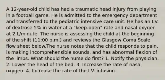 A 12-year-old child has had a traumatic head injury from playing in a football game. He is admitted to the emergency department and transferred to the pediatric intensive care unit. He has an I.V. of dextrose 5% in water at a "keep-open" rate and nasal oxygen at 2 L/minute. The nurse is assessing the child at the beginning of the shift (11:00 p.m.) and reviews the Glasgow Coma Scale flow sheet below.The nurse notes that the child responds to pain, is making incomprehensible sounds, and has abnormal flexion of the limbs. What should the nurse do first? 1. Notify the physician. 2. Lower the head of the bed. 3. Increase the rate of nasal oxygen. 4. Increase the rate of the I.V. infusion.