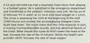 A 12-year-old child has had a traumatic head injury from playing in a football game. He is admitted to the emergency department and transferred to the pediatric intensive care unit. He has an IV of dextrose 5% in water at 21 mL/h and nasal oxygen at 2 L/min. The nurse is assessing the child at the beginning of the shift (2300 hours) and reviews the accompanying Glasgow Coma Scale flow sheet. The nurse notes that the child responds to pain, is making incomprehensible sounds, and has abnormal flexion of the limbs. What should the nurse do first? Lower the head of the bed. Increase the rate of the IV infusion. Notify the health care provider (HCP). Increase the rate of nasal oxygen.