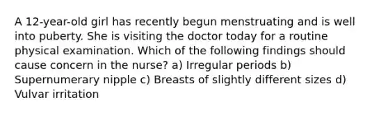 A 12-year-old girl has recently begun menstruating and is well into puberty. She is visiting the doctor today for a routine physical examination. Which of the following findings should cause concern in the nurse? a) Irregular periods b) Supernumerary nipple c) Breasts of slightly different sizes d) Vulvar irritation