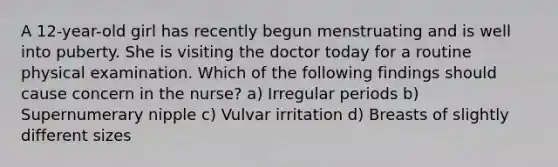 A 12-year-old girl has recently begun menstruating and is well into puberty. She is visiting the doctor today for a routine physical examination. Which of the following findings should cause concern in the nurse? a) Irregular periods b) Supernumerary nipple c) Vulvar irritation d) Breasts of slightly different sizes