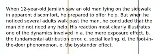 When 12-year-old Jamilah saw an old man lying on the sidewalk in apparent discomfort, he prepared to offer help. But when he noticed several adults walk past the man, he concluded that the man did not need any help. His reaction most clearly illustrates one of the dynamics involved in a. the mere exposure effect. b. the fundamental attribution error. c. social loafing. d. the foot-in-the-door phenomenon. e. the bystander effect.