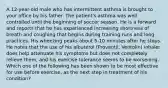 A 12-year-old male who has intermittent asthma is brought to your office by his father. The patient's asthma was well controlled until the beginning of soccer season. He is a forward and reports that he has experienced increasing shortness of breath and coughing that begins during training runs and long practices. His wheezing peaks about 5-10 minutes after he stops. He notes that the use of his albuterol (Proventil, Ventolin) inhaler does help attenuate his symptoms but does not completely relieve them, and his exercise tolerance seems to be worsening. Which one of the following has been shown to be most effective for use before exercise, as the next step in treatment of his condition?