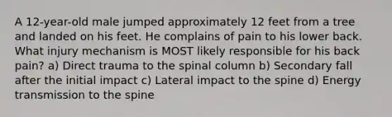 A 12-year-old male jumped approximately 12 feet from a tree and landed on his feet. He complains of pain to his lower back. What injury mechanism is MOST likely responsible for his back pain? a) Direct trauma to the spinal column b) Secondary fall after the initial impact c) Lateral impact to the spine d) Energy transmission to the spine