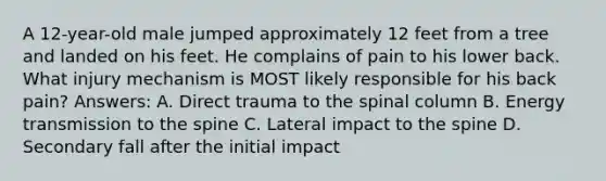 A 12-year-old male jumped approximately 12 feet from a tree and landed on his feet. He complains of pain to his lower back. What injury mechanism is MOST likely responsible for his back pain? Answers: A. Direct trauma to the spinal column B. Energy transmission to the spine C. Lateral impact to the spine D. Secondary fall after the initial impact