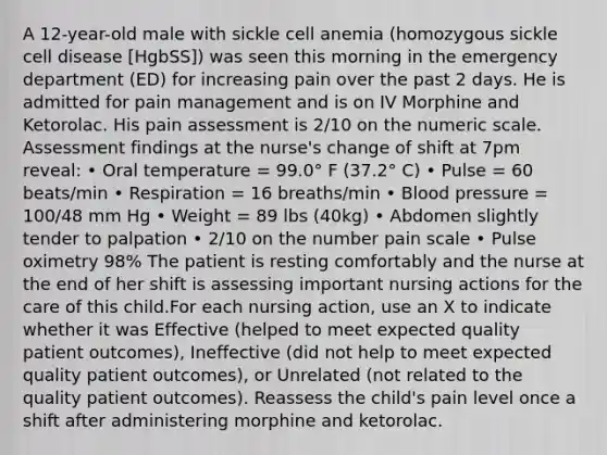 A 12-year-old male with sickle cell anemia (homozygous sickle cell disease [HgbSS]) was seen this morning in the emergency department (ED) for increasing pain over the past 2 days. He is admitted for pain management and is on IV Morphine and Ketorolac. His pain assessment is 2/10 on the numeric scale. Assessment findings at the nurse's change of shift at 7pm reveal: • Oral temperature = 99.0° F (37.2° C) • Pulse = 60 beats/min • Respiration = 16 breaths/min • Blood pressure = 100/48 mm Hg • Weight = 89 lbs (40kg) • Abdomen slightly tender to palpation • 2/10 on the number pain scale • Pulse oximetry 98% The patient is resting comfortably and the nurse at the end of her shift is assessing important nursing actions for the care of this child.For each nursing action, use an X to indicate whether it was Effective (helped to meet expected quality patient outcomes), Ineffective (did not help to meet expected quality patient outcomes), or Unrelated (not related to the quality patient outcomes). Reassess the child's pain level once a shift after administering morphine and ketorolac.