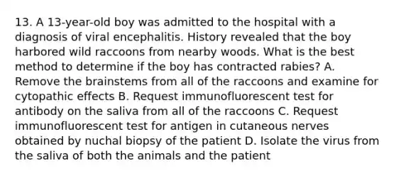 13. A 13-year-old boy was admitted to the hospital with a diagnosis of viral encephalitis. History revealed that the boy harbored wild raccoons from nearby woods. What is the best method to determine if the boy has contracted rabies? A. Remove the brainstems from all of the raccoons and examine for cytopathic effects B. Request immunofluorescent test for antibody on the saliva from all of the raccoons C. Request immunofluorescent test for antigen in cutaneous nerves obtained by nuchal biopsy of the patient D. Isolate the virus from the saliva of both the animals and the patient