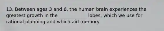 13. Between ages 3 and 6, the human brain experiences the greatest growth in the ____________ lobes, which we use for rational planning and which aid memory.