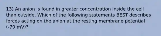 13) An anion is found in greater concentration inside the cell than outside. Which of the following statements BEST describes forces acting on the anion at the resting membrane potential (-70 mV)?