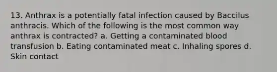 13. Anthrax is a potentially fatal infection caused by Baccilus anthracis. Which of the following is the most common way anthrax is contracted? a. Getting a contaminated blood transfusion b. Eating contaminated meat c. Inhaling spores d. Skin contact