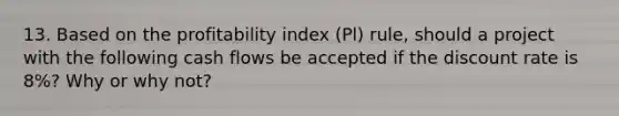 13. Based on the profitability index (Pl) rule, should a project with the following cash flows be accepted if the discount rate is 8%? Why or why not?