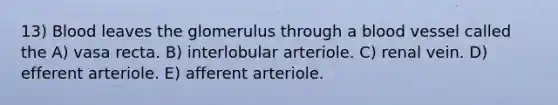 13) Blood leaves the glomerulus through a blood vessel called the A) vasa recta. B) interlobular arteriole. C) renal vein. D) efferent arteriole. E) afferent arteriole.