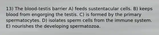 13) <a href='https://www.questionai.com/knowledge/k7oXMfj7lk-the-blood' class='anchor-knowledge'>the blood</a>-testis barrier A) feeds sustentacular cells. B) keeps blood from engorging the testis. C) is formed by the primary spermatocytes. D) isolates sperm cells from the immune system. E) nourishes the developing spermatozoa.