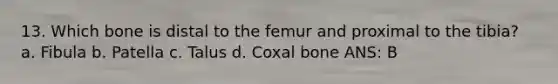 13. Which bone is distal to the femur and proximal to the tibia? a. Fibula b. Patella c. Talus d. Coxal bone ANS: B