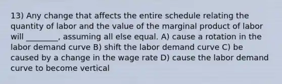 13) Any change that affects the entire schedule relating the quantity of labor and the value of the marginal product of labor will ________, assuming all else equal. A) cause a rotation in the labor demand curve B) shift the labor demand curve C) be caused by a change in the wage rate D) cause the labor demand curve to become vertical